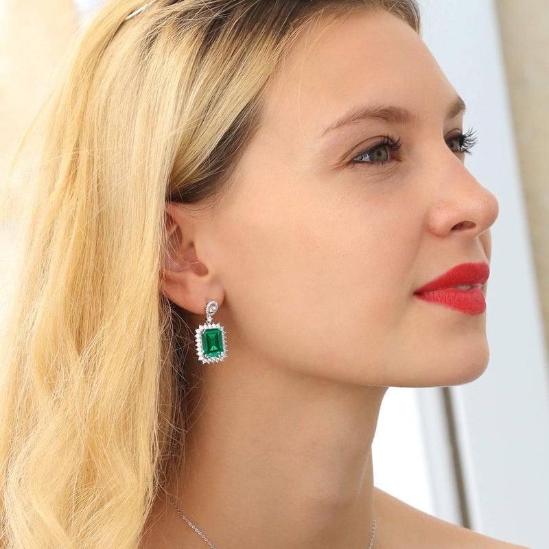 Gem Stone King Gemstone Birthstone Halo Dangle Earrings For Women | 925 Sterling Silver | Emerald Cut 14X10MM | Fine Jewelry Gifts for Her Mom Women Wife - Image 3